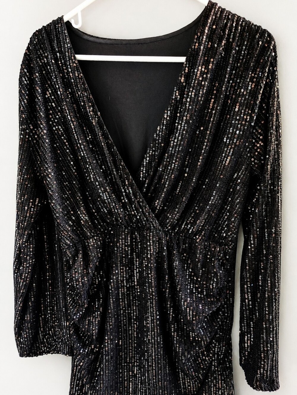 Sequin Faux Wrap Mini Dress Black Bronze Metallic - Size XXL